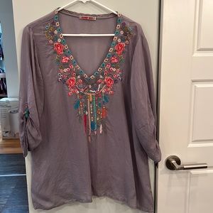 Johnny Was gray blouse with colorful embroidery.